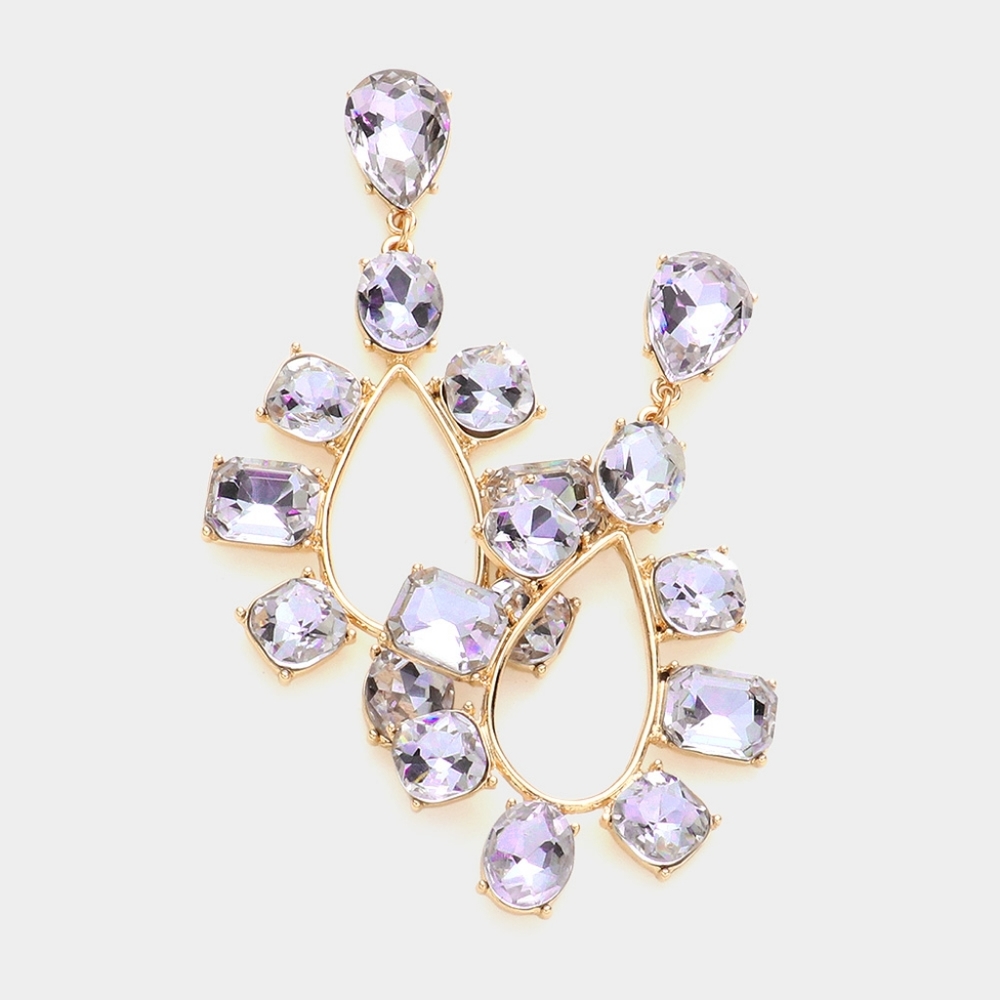 Purple Stone Trimmed Dangle Earrings Teardrop Crystal Bling Statement Jewelry